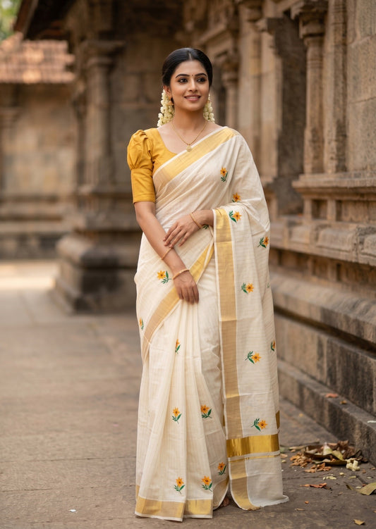 Southloom Kerala Cotton Kasavu Line Saree with Yellow Floral Embroidery Works