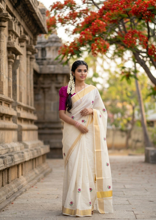 Southloom Kerala Cotton Kasavu Lines Saree with Floral Embroidery Work on Body
