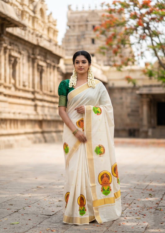 Southloom Kerala Cotton Kasavu Lines Saree with Kathakali Embroidery Design SL339