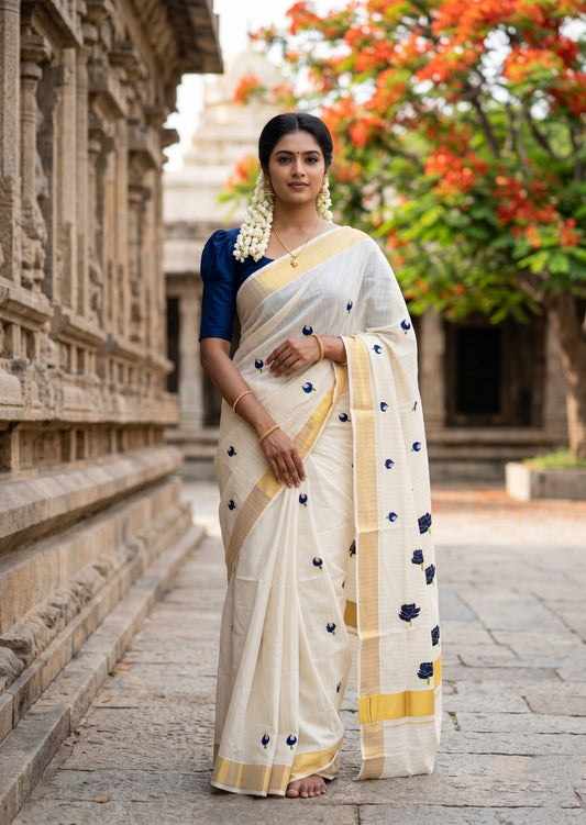 Southloom Kerala Cotton Kasavu Saree with Blue Lotus Embroidery Design