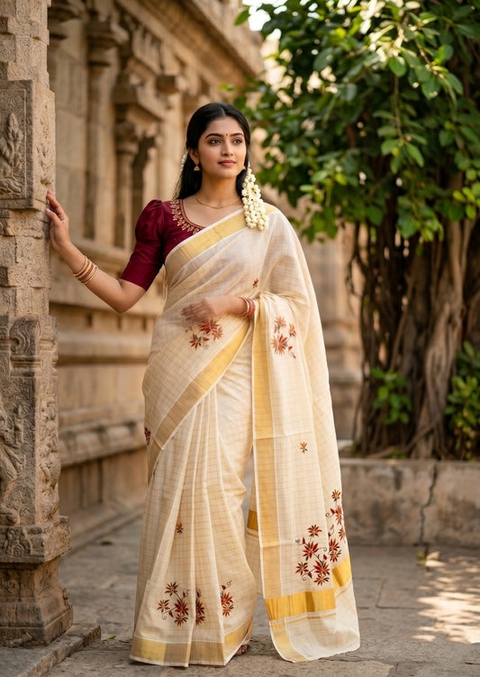 Southloom Kerala Tissue Kasavu Check Saree with Floral Embroidery Design in Maroon
