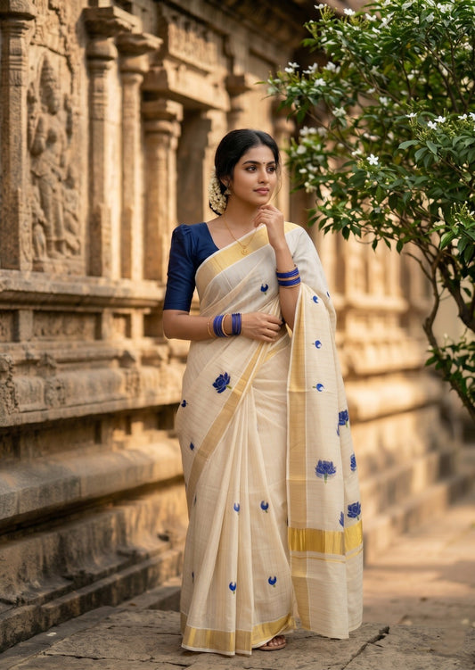 Southloom Kerala Tissue Kasavu Saree with Blue Lotus Embroidery Design SL289