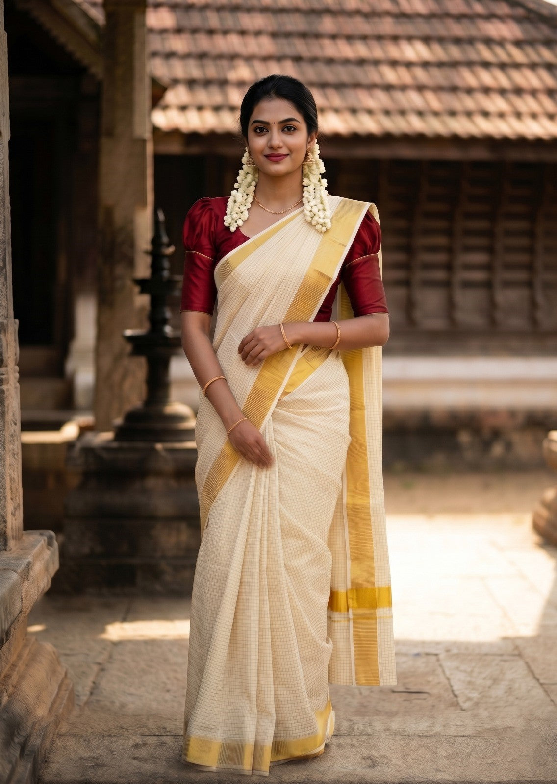 Southloom Kerala Cotton Kasavu Saree with Micro Check on Body