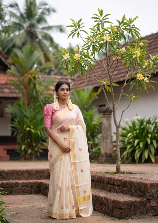 Southloom Kerala Cotton Kasavu Line Saree with Pink Floral Embroidery Works
