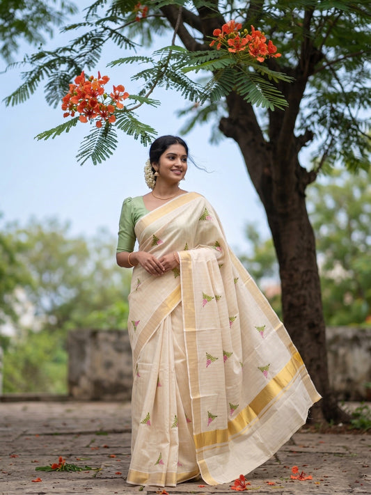 Southloom Kerala Tissue Kasavu Stripes Saree with Floral Embroidery Design in Pink and Green