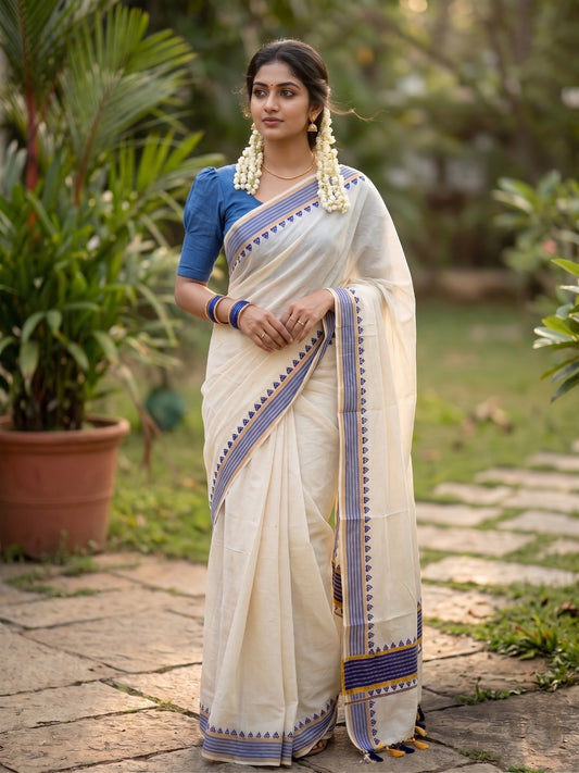 Southloom Cotton Kerala Kasavu Saree with Temple Design Border in Blue