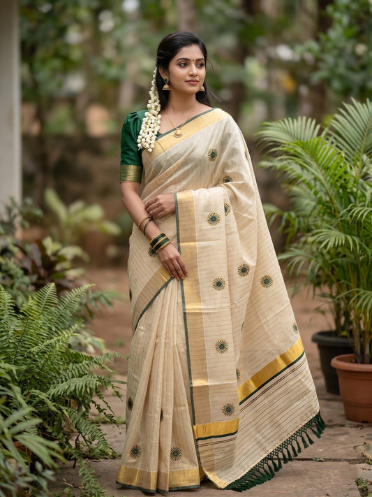 Southloom Kerala Tissue Kasavu Lines Saree with Embroidery Work on Body in Green