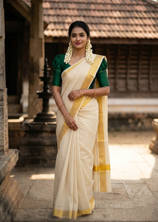 Southloom Kerala Cotton Kasavu Saree with Micro Check on Body