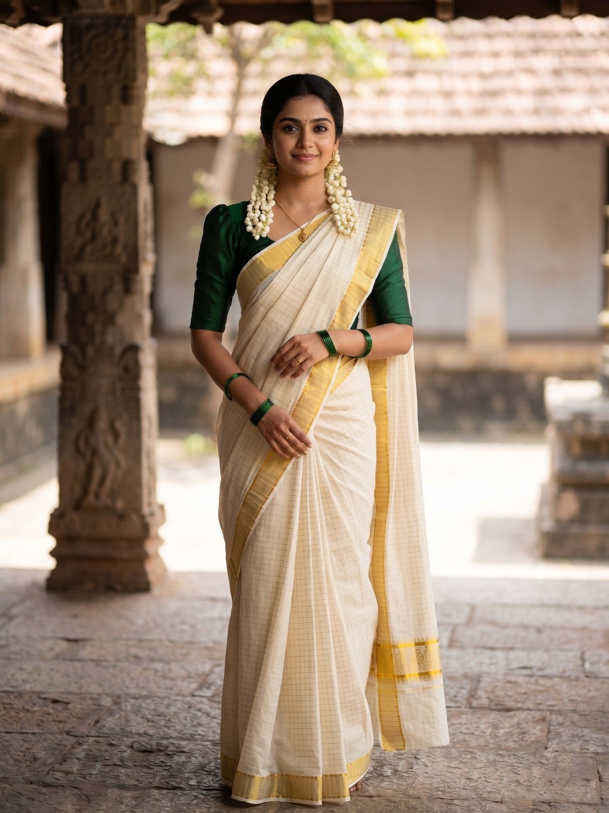 Southloom Pure Cotton Kerala Kasavu Check Saree with Woven Work