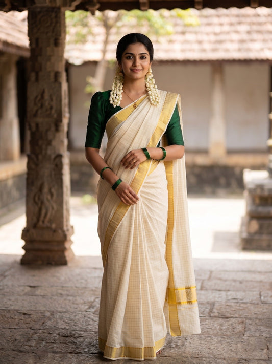 Southloom Pure Cotton Kerala Kasavu Check Saree with Woven Work
