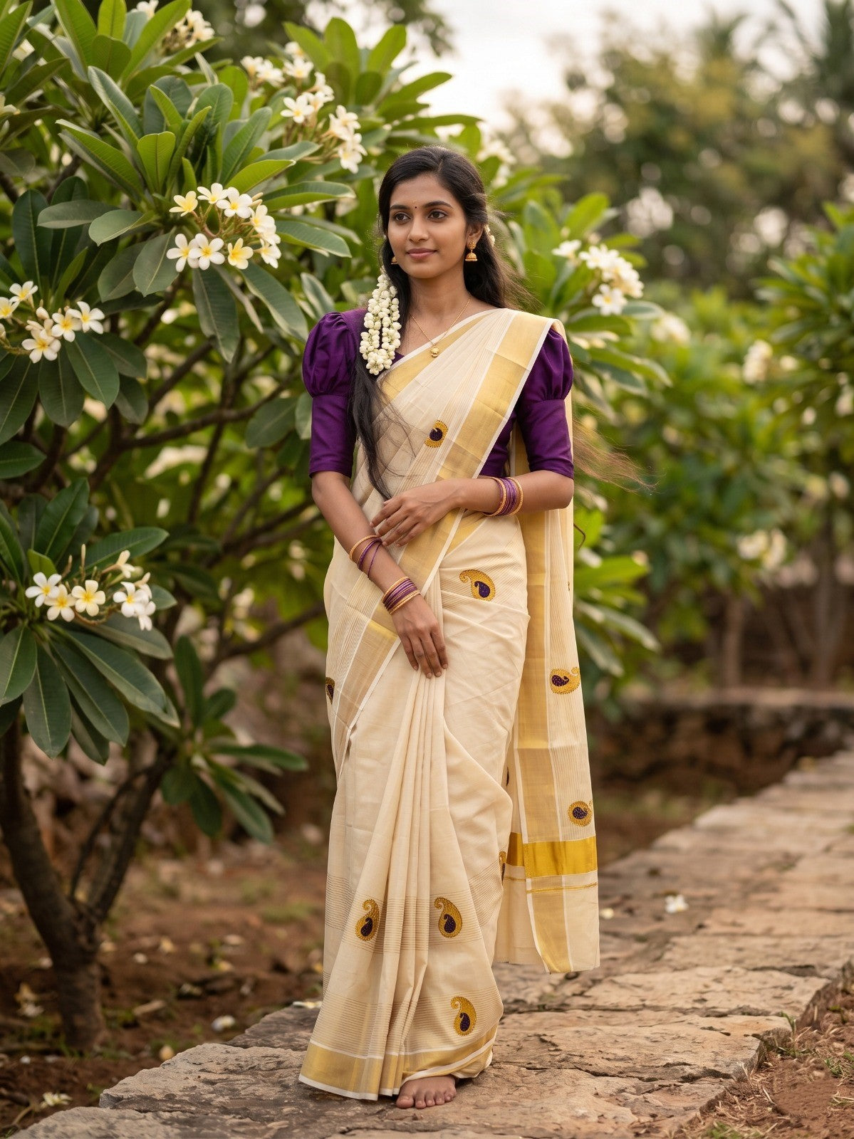 Southloom Kerala Tissue Kasavu Saree with Purple Embroidery Design