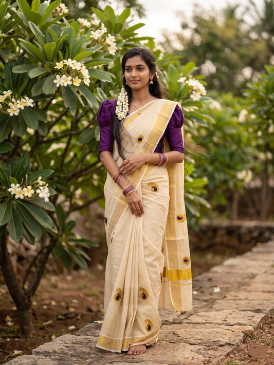 Southloom Kerala Tissue Kasavu Saree with Purple Embroidery Design
