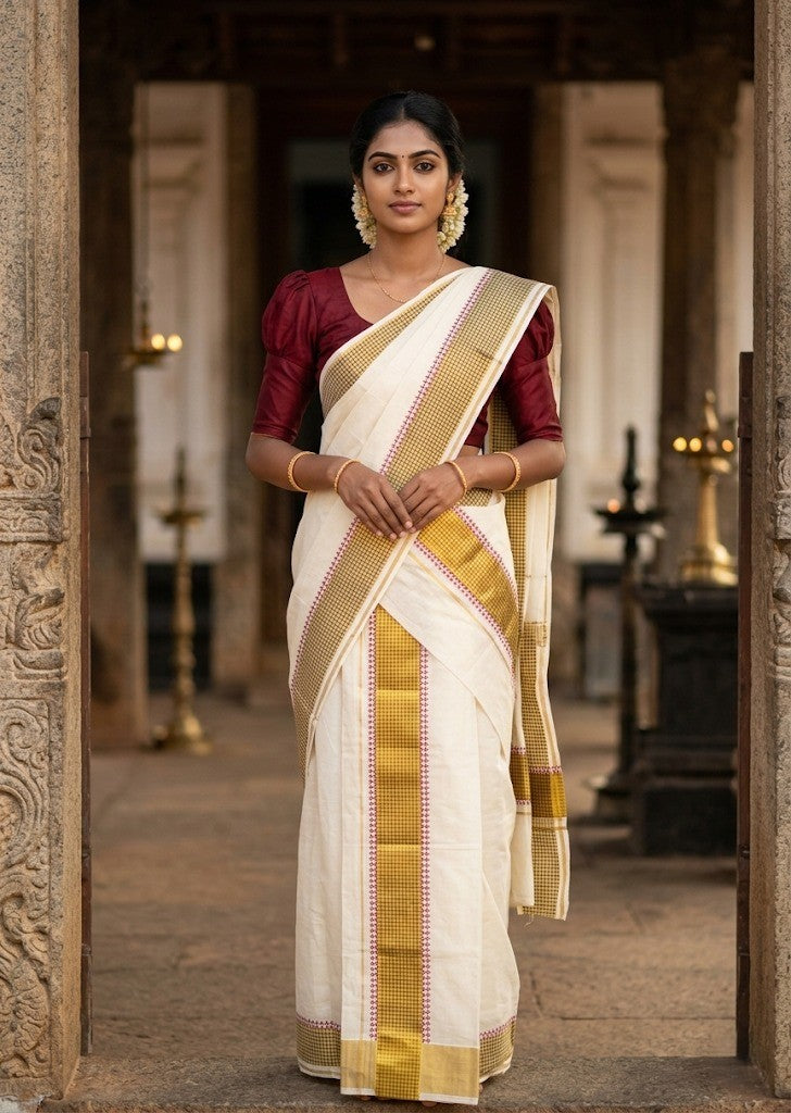 Southloom Pure Cotton Set Mundu with Gold Kasavu and Digital Print in Maroon 2.80 Mtrs SL374