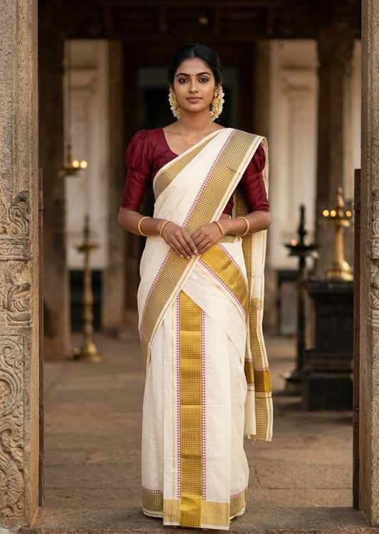Southloom Pure Cotton Set Mundu with Gold Kasavu and Digital Print in Maroon 2.80 Mtrs SL374