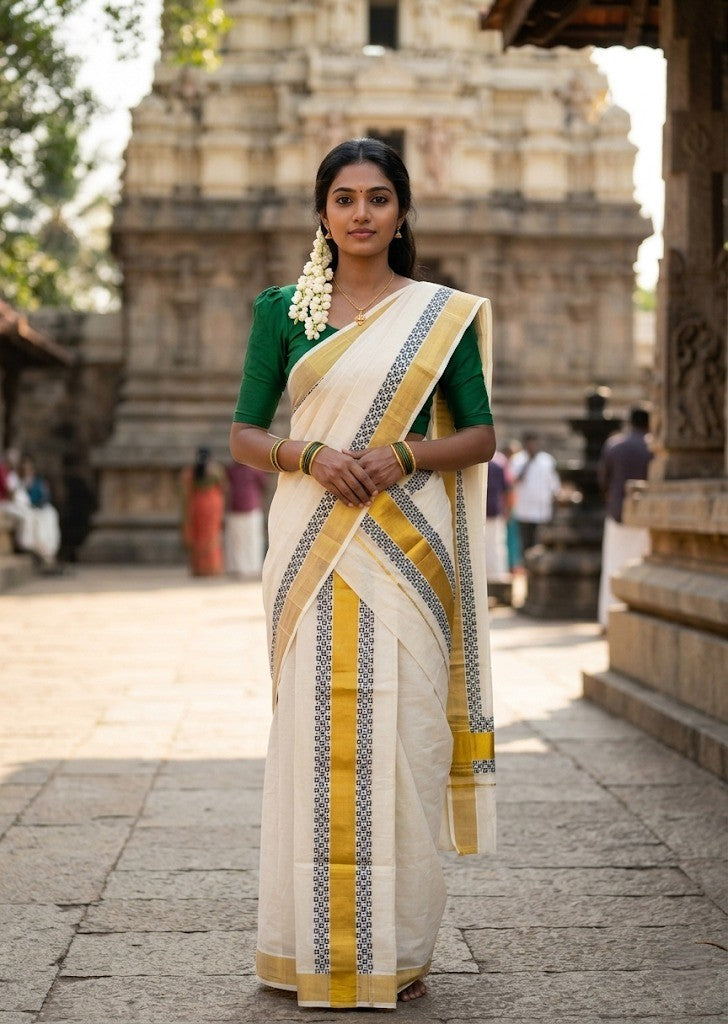Southloom Pure Cotton Set Mundu with Gold Kasavu and Digital Print in Green 2.80 Mtrs SL375