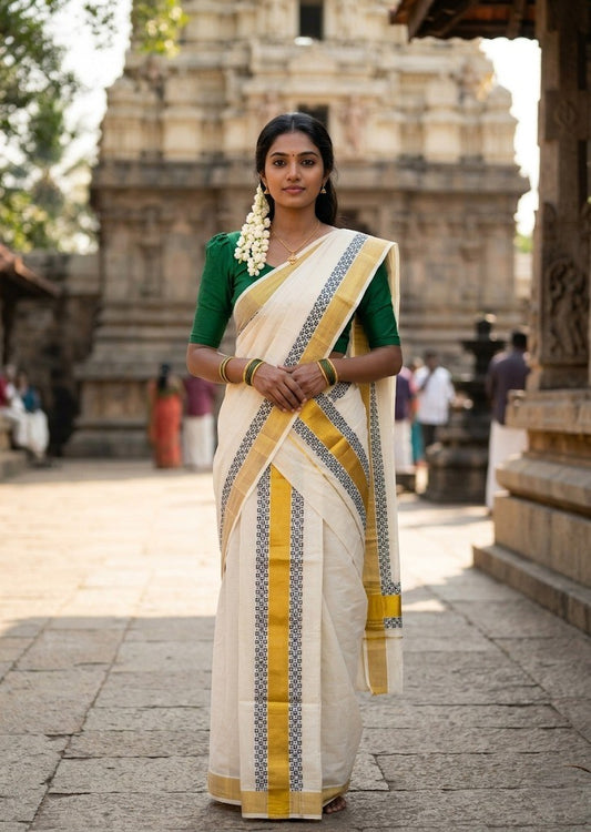 Southloom Pure Cotton Set Mundu with Gold Kasavu and Digital Print in Green 2.80 Mtrs SL375