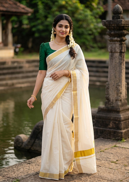 Southloom Pure Cotton Kerala Kasavu Saree with 3 inch Border