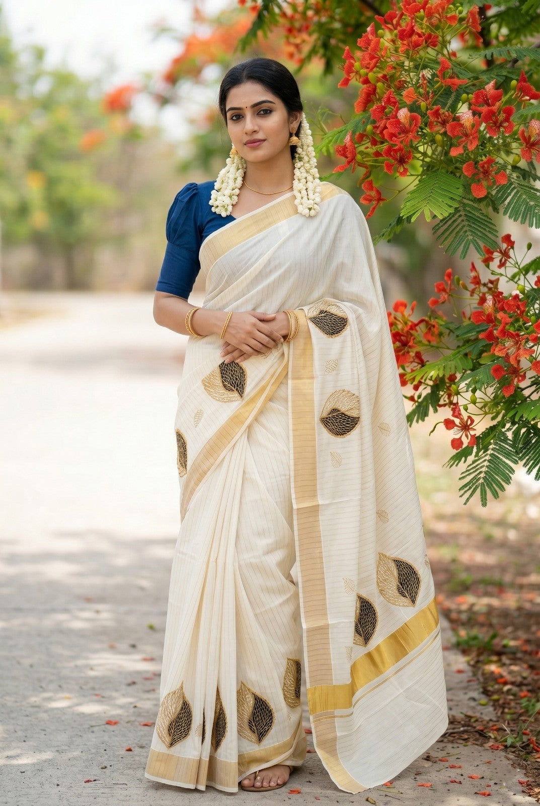 Southloom Kerala  Kasavu Lines Saree with High Quality Embroidery Work in Kasavu and Blue