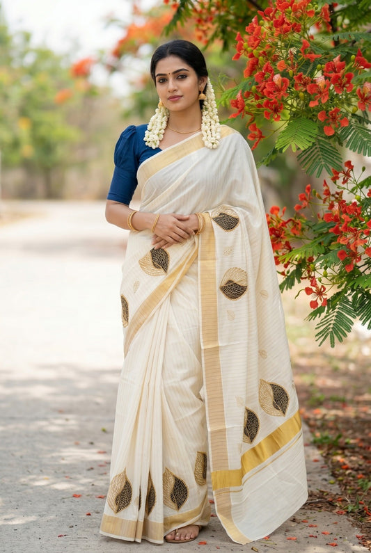 Southloom Kerala  Kasavu Lines Saree with High Quality Embroidery Work in Kasavu and Blue