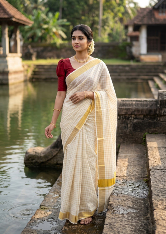 Southloom Pure Cotton Kerala Kasavu Check Saree with Woven Work