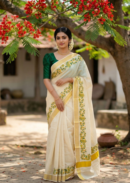Southloom Kerala Tissue Kasavu Saree with Green And Golden Peacock Embroidery Works