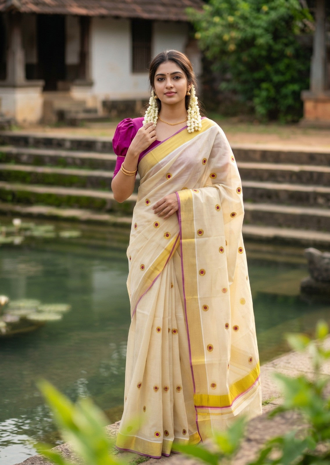 Southloom Kerala Tissue Kasavu Saree with Gold & Magenta Polka Embroidery Works on Body
