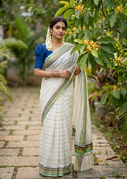 Southloom Cotton Kasavu Saree with Green and Blue Thread Work Across Body