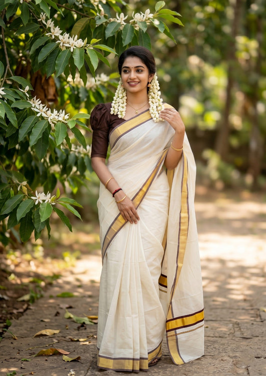 Southloom Kerala Pure Cotton Saree with Kasavu and Brown Border
