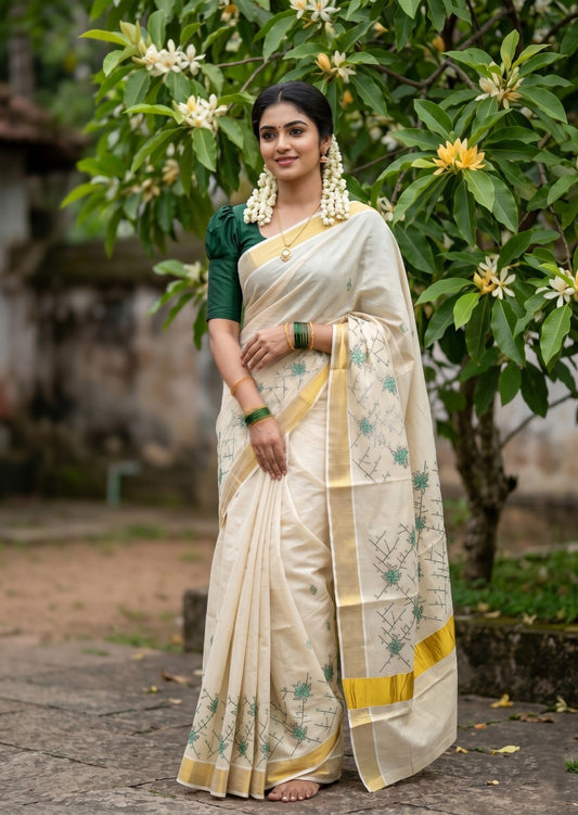 Southloom Tissue Kerala Kasavu Saree with Floral Embroidery Work on Body in Green