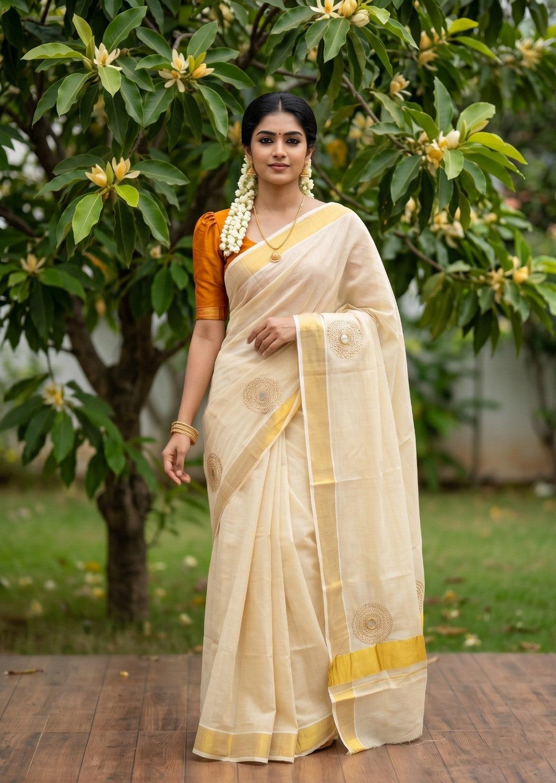 Southloom Tissue Kerala Kasavu Saree with Mirror & Beads Works SL344