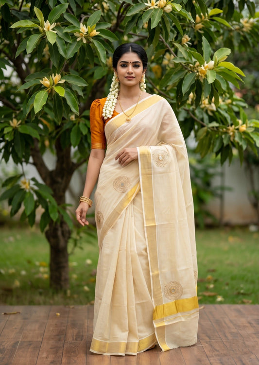 Southloom Tissue Kerala Kasavu Saree with Mirror & Beads Works SL344