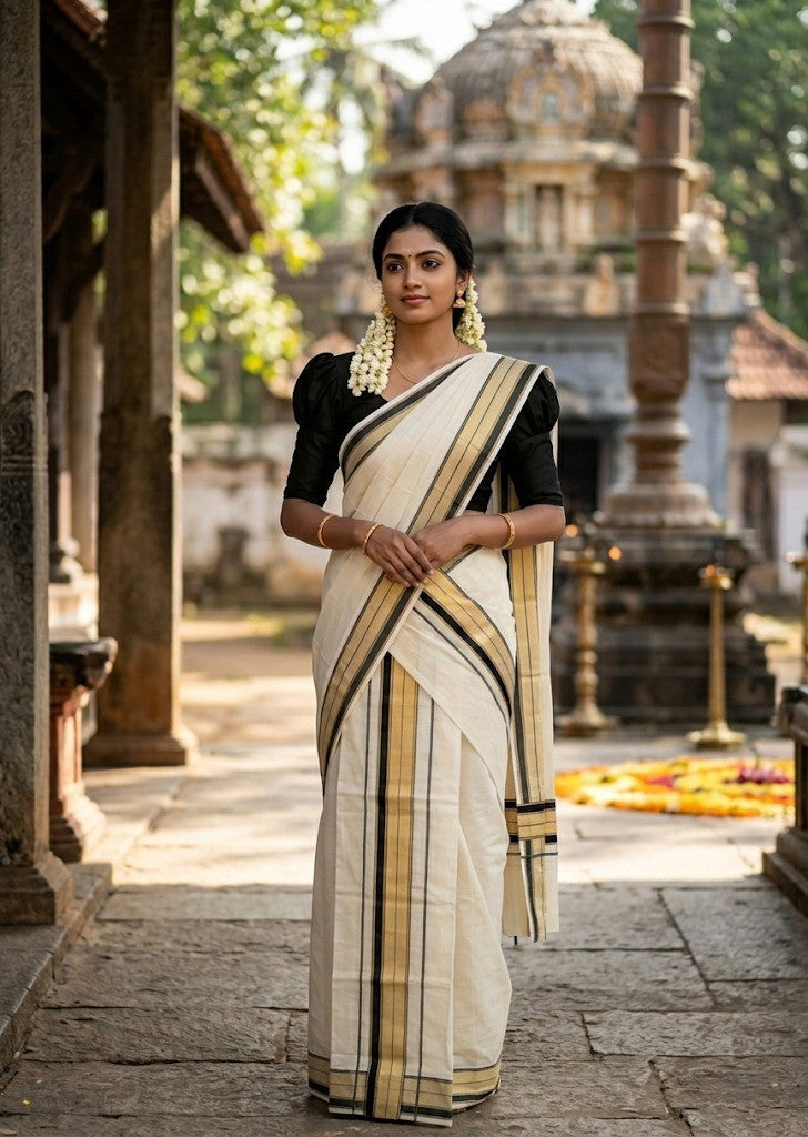 Southloom Pure Cotton Set Mundu with Gold Kasavu and Black Borders 2.80 Mtrs SL376