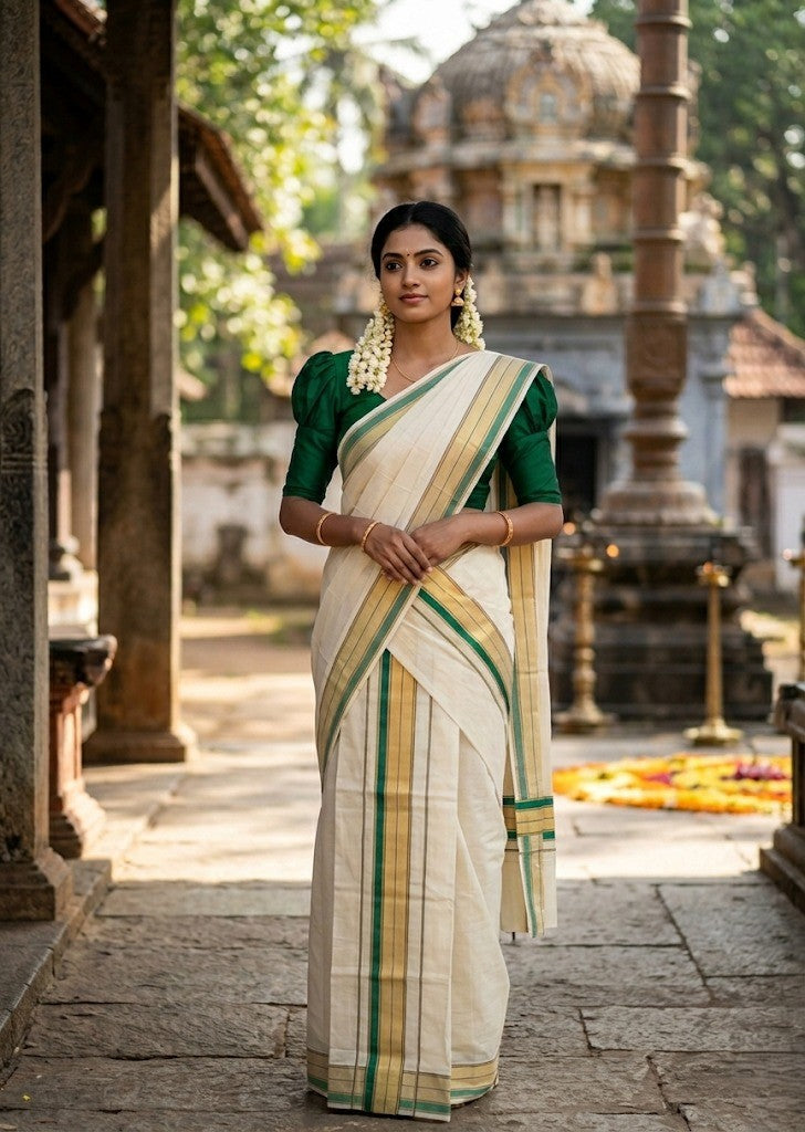 Southloom Pure Cotton Set Mundu with Gold Kasavu and Green Borders 2.80 Mtrs SL376