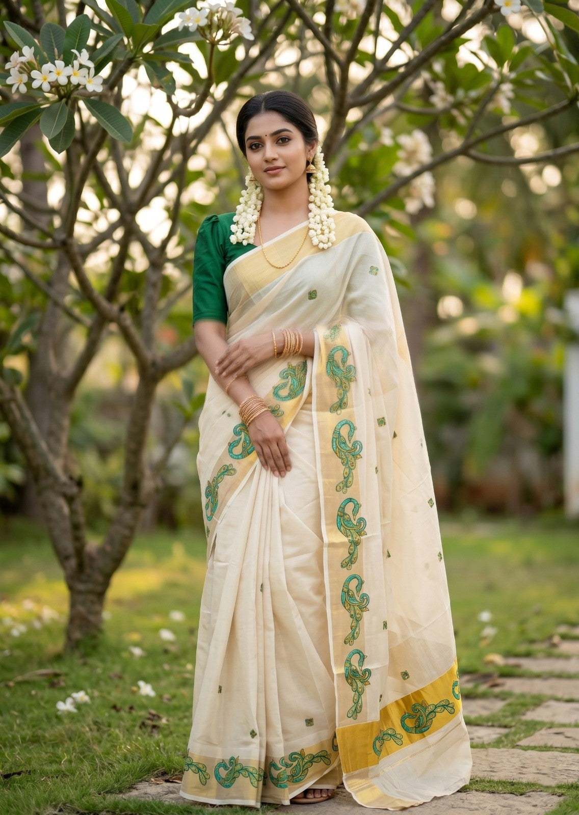 Southloom Kerala Tissue Kasavu Saree with Green Peacock Embroidery Design
