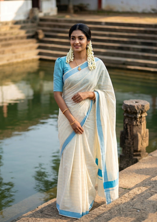 Southloom Pure Cotton Kerala Saree with Blue Check Designs Across Body