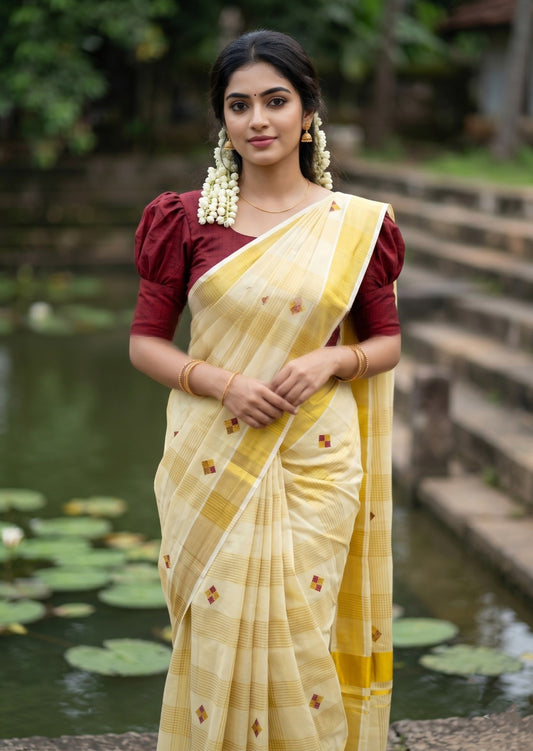 Southloom Kerala Tissue Kasavu Striped Saree with Diagonal Woven Designs in Maroon And Gold Body Work