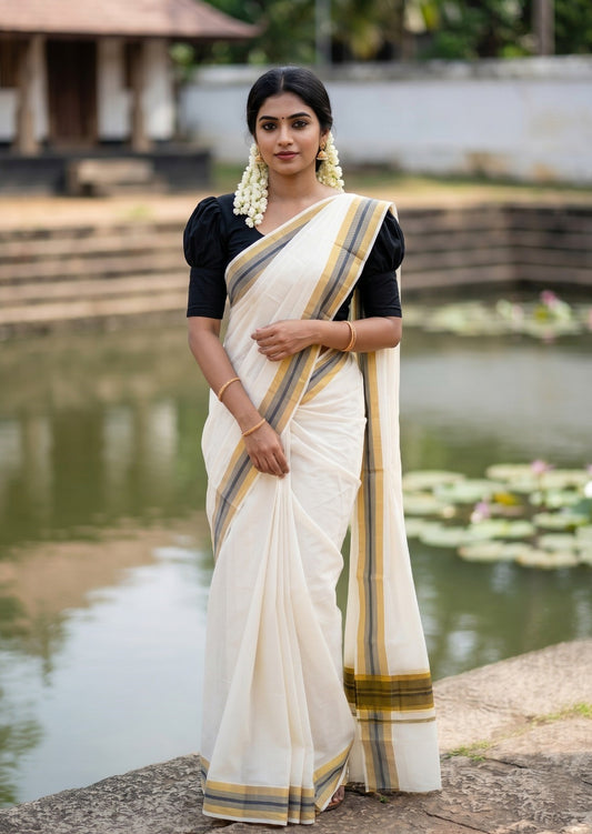 Southloom Kerala Pure Cotton Plain Saree with Kasavu and Black Border
