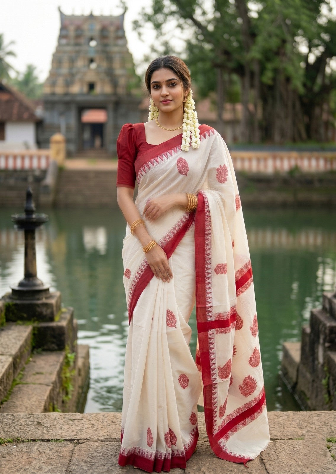 Pure Cotton Kerala Saree with Red Heavy Woven Designs and Temple Border