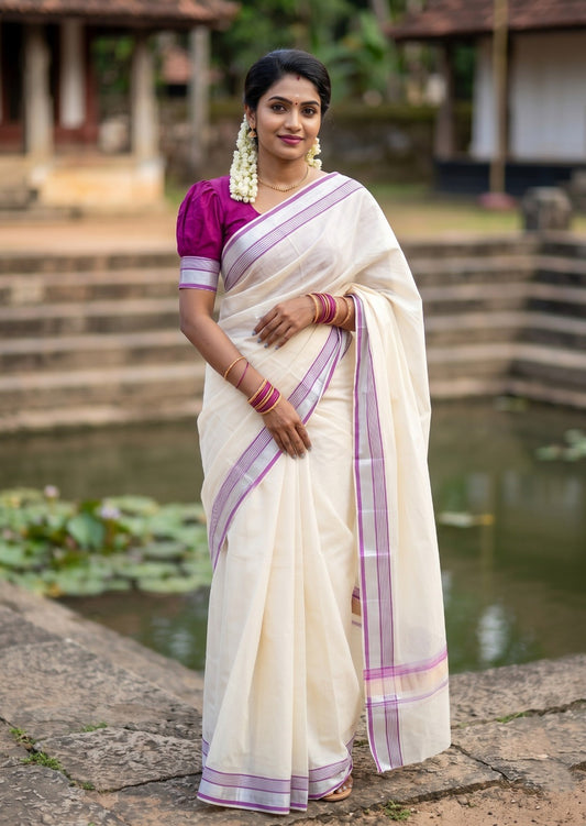 Southloom Kerala Pure Cotton Saree with Silver Kasavu and Magenta Border