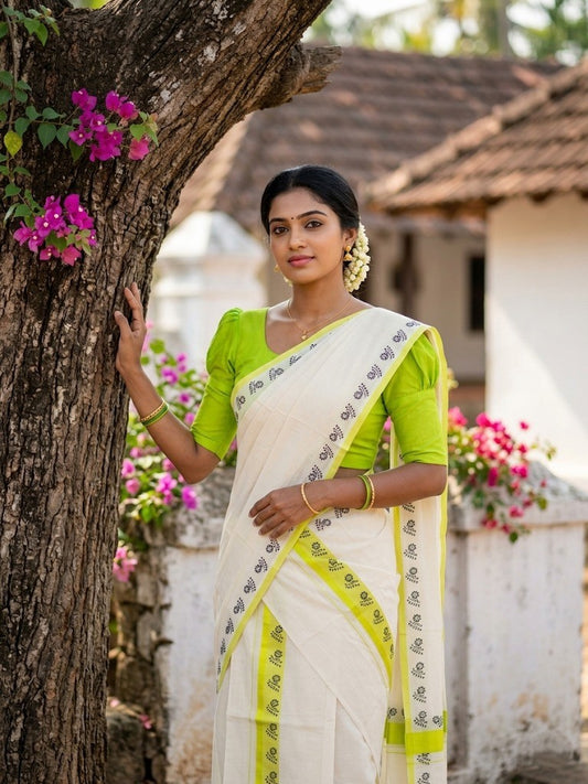 Southloom Kerala Mulloth Cotton Single Mundum Neriyathum with Digital Prints in Green 2.80 Mtrs SL378