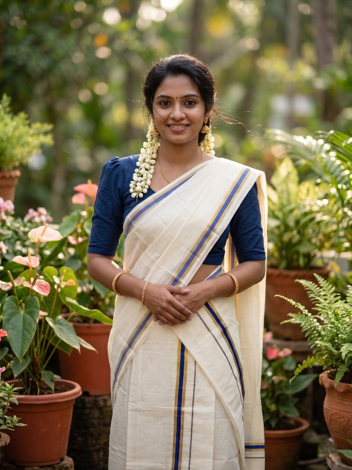 Southloom Pure Cotton Kerala Single Set Mundu (Mundum Neriyathum) with Blue Kasavu Border in 2.80 Mtrs  SLKK SL470