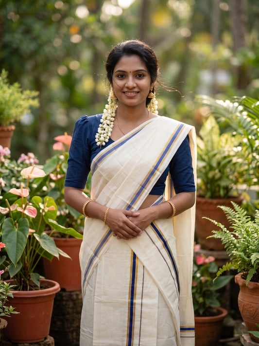 Southloom Pure Cotton Kerala Single Set Mundu (Mundum Neriyathum) with Blue Kasavu Border in 2.80 Mtrs