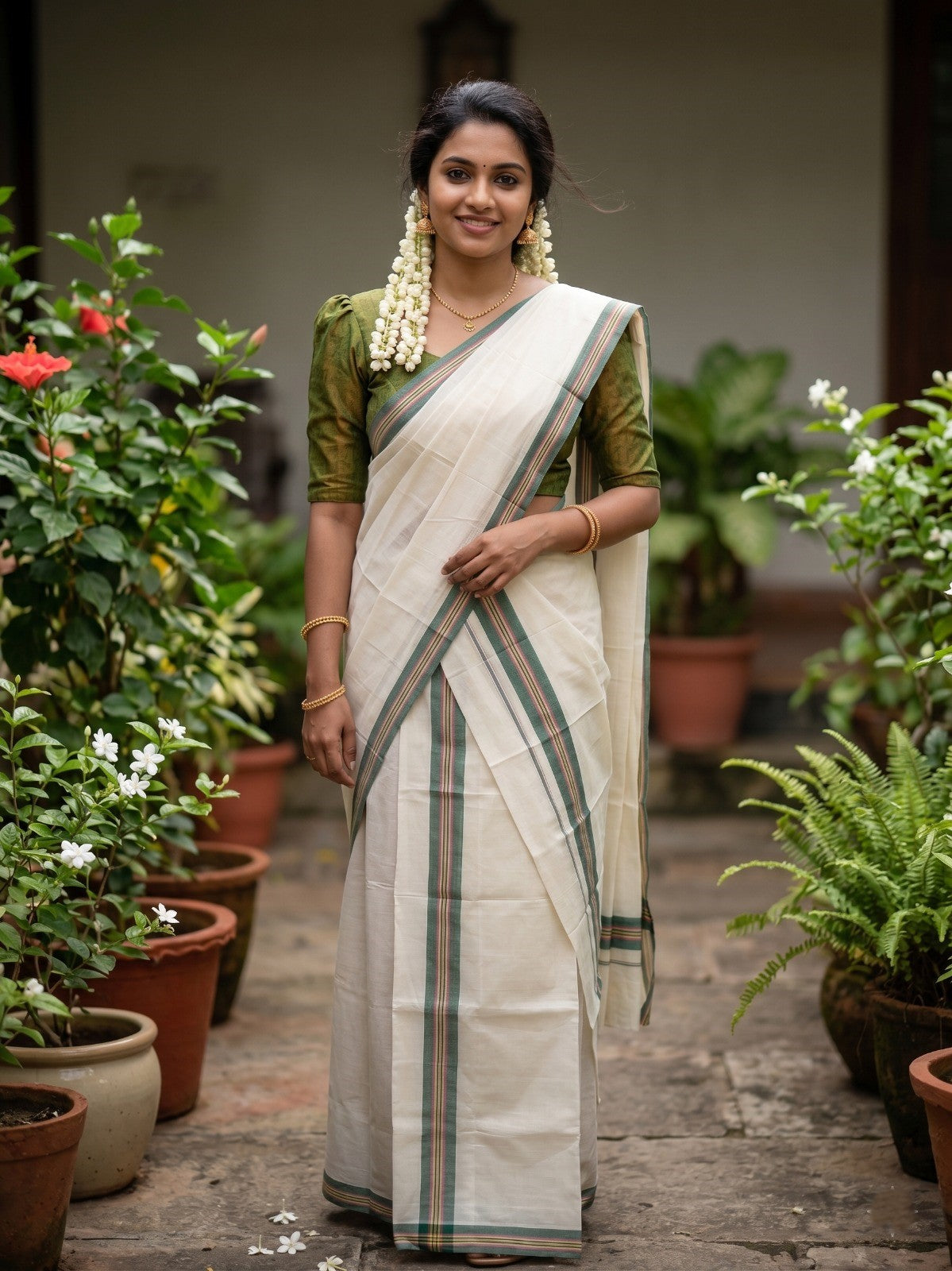 Southloom Pure Cotton Kerala Single Mulloth Set Mundu (Mundum Neriyathum) Green & Yellow Border in  2.80 Mtrs SL243
