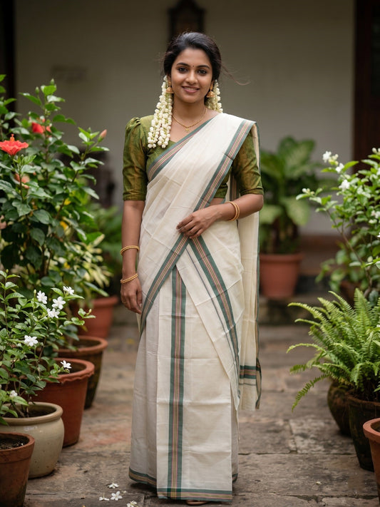 Southloom Pure Cotton Kerala Single Mulloth Set Mundu (Mundum Neriyathum) Green & Yellow Border in  2.80 Mtrs SL243