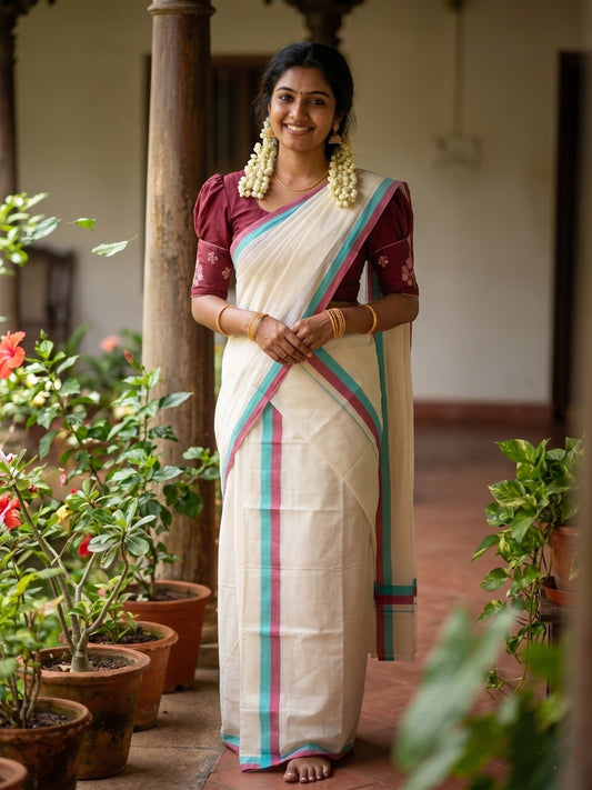Southloom Pure Cotton Kerala Single Mulloth Set Mundu (Mundum Neriyathum) Maroon And Turquoise Border in 2.80 mtrs SL243