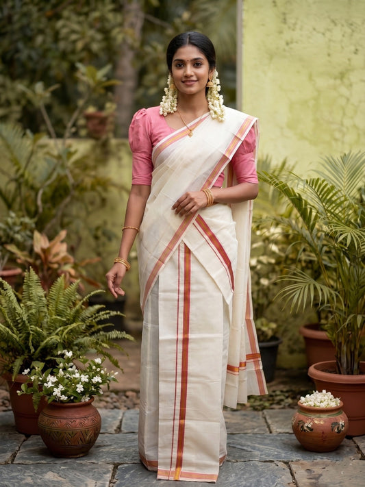 Southloom Pure Cotton Kerala Single Set Mundu (Mundum Neriyathum) with Pink Kasavu Border in 2.80 Mtrs