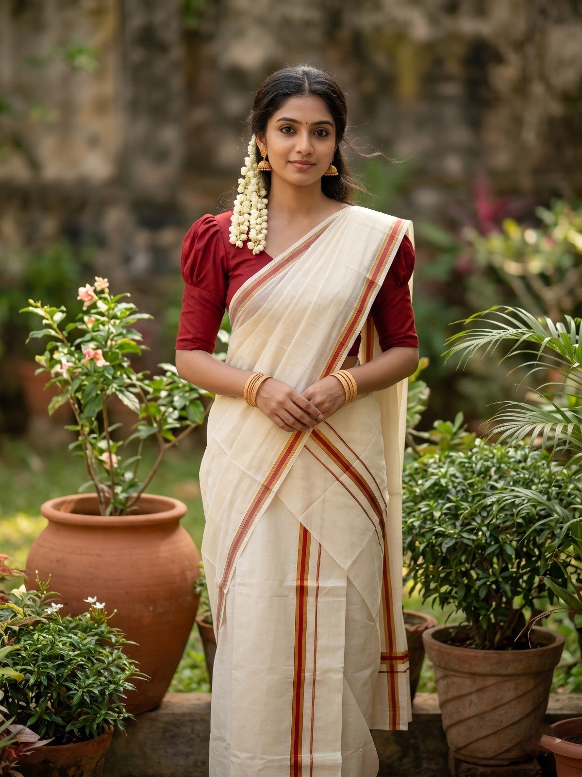 Southloom Pure Cotton Kerala Single Set Mundu (Mundum Neriyathum) with Red Kasavu Border in 2.80 Mtrs  SLKK SL470