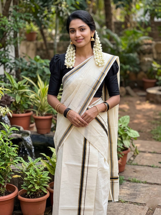 Southloom Pure Cotton Kerala Single Set Mundu (Mundum Neriyathum) with Black Kasavu Border in 2.80 Mtrs