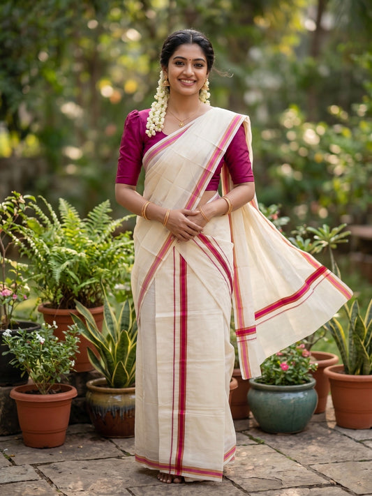 Southloom Pure Cotton Kerala Single Set Mundu (Mundum Neriyathum) with Magenta Kasavu Border in 2.80 Mtrs