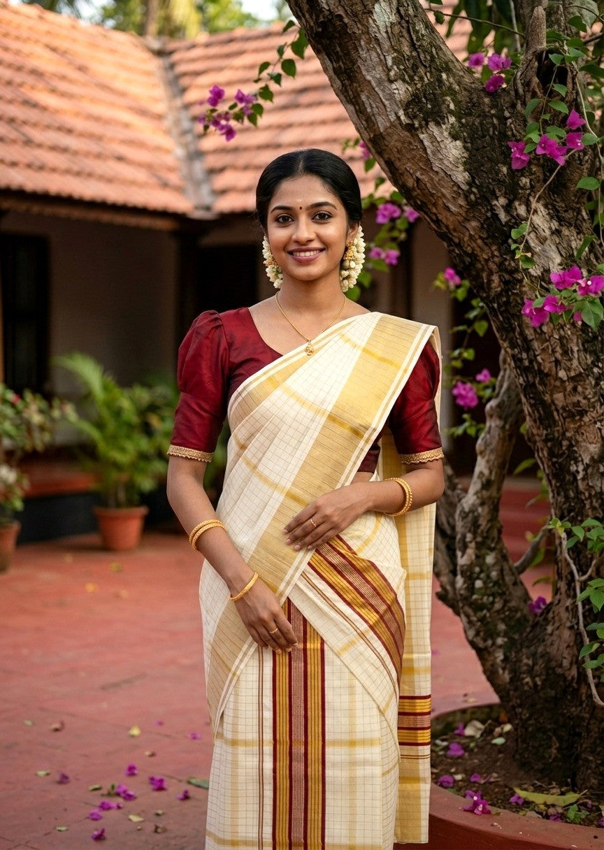 Southloom Pure Cotton Set Mundu with Gold Kasavu Check Across Body in Maroon SL399